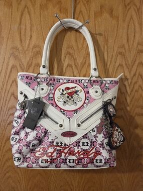 Ed Hardy Pink and White Skull Logo Tote with Charms